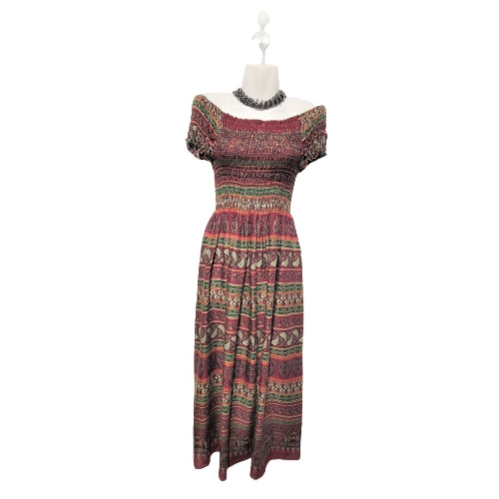 Smocked Red Burgundy Paisley  Dress  Midi Dress Size S